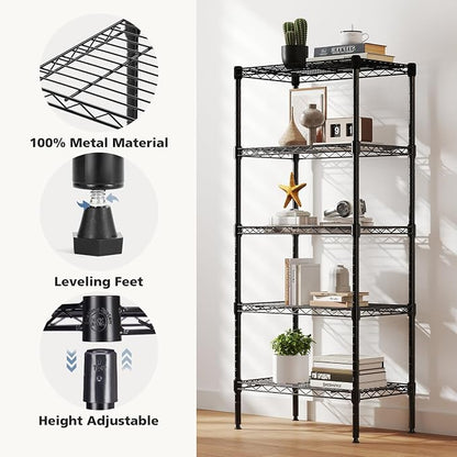 DUMOS 5-Tier Metal Wire Storage Shelves, Adjustable Standing Storage Rack Shelf, Heavy Duty Steel Shelving Unit Organizers for Kitchen Bathroom Pantry Garage, 23.2" Wx13.4 Dx60.1 H, Black