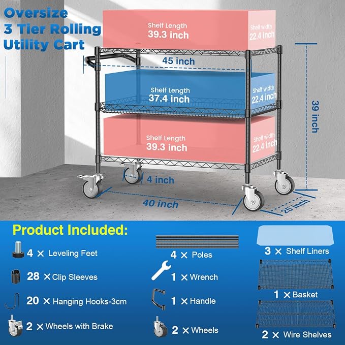 Leteuke Heavy Duty Rolling Utility Cart, 45 Inch Kitchen Carts with Wheels, NSF Commercial Grade with Handle & Shelf Liners, 1120LBS Storage Cart for Kitchen,Restaurant,Plant Display-Black | 3 Tier Heavy Duty Serving Cart with Handle & Shelf Liners, NS...