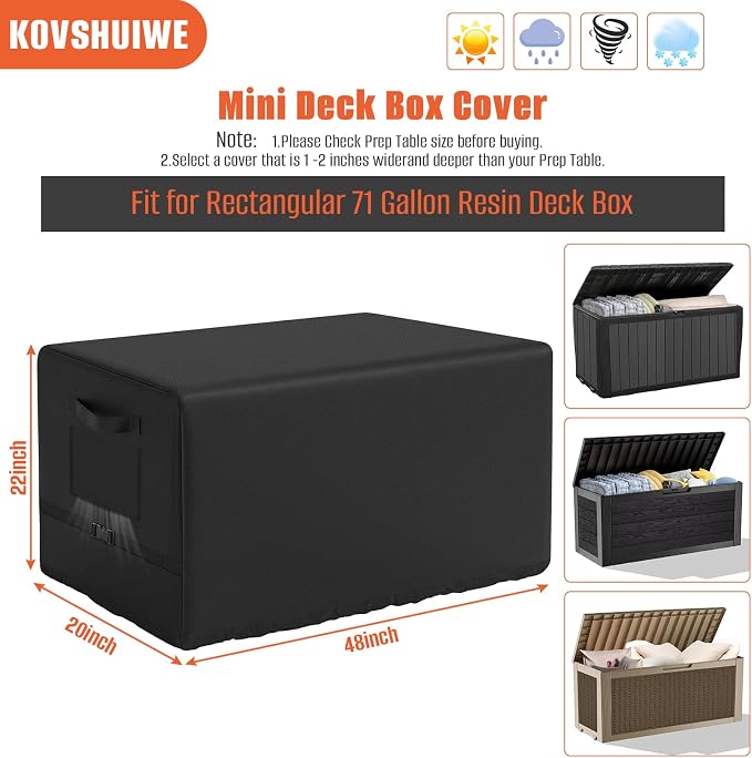 Kovshuiwe Outdoor Deck Box Cover, 600D Heavy-Duty Waterproof Oxford Cloth | Patio Deck Bin Container Boxes Covers Waterproof for 71 Gallon Patio Storage Bench Cover, Black(48" L x 20" W x 22" H)