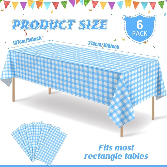 6Pcs Light Blue Gingham Tablecloths, Checkered Party Table Covers 54x108 In | Blue and White Checkered Tablecloths Disposable Waterproof for Baby & Bridal Shower Picnic Camping Birthday Outdoor Tea Party