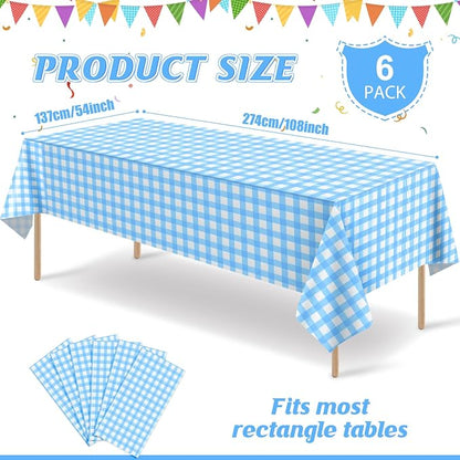 6Pcs Light Blue Gingham Tablecloths, Checkered Party Table Covers 54x108 In | Blue and White Checkered Tablecloths Disposable Waterproof for Baby & Bridal Shower Picnic Camping Birthday Outdoor Tea Party