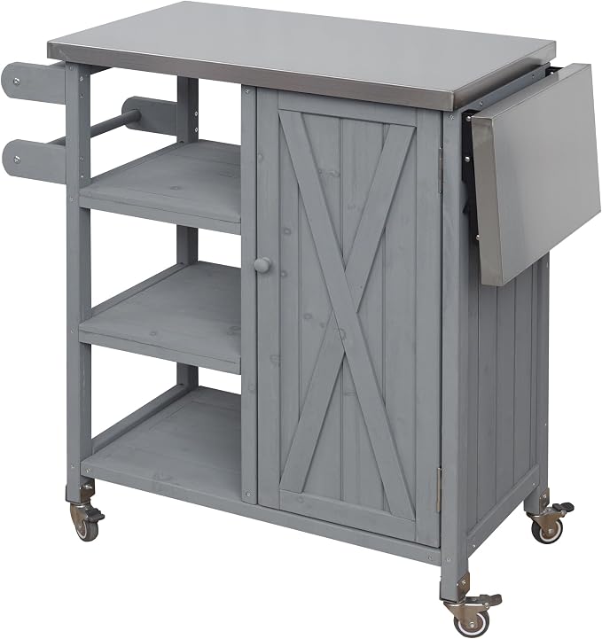 JIVOIT Outdoor Kitchen Island with Foldable Stainless Steel Tabletop, Patio Fir Wood Kitchen Cart Portable Prep Station with Lockable Wheels, Storage Cabinet and Towel Rack (Grey/123)