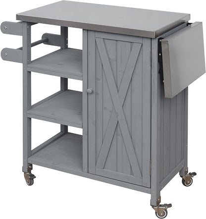 JIVOIT Outdoor Kitchen Island with Foldable Stainless Steel Tabletop, Patio Fir Wood Kitchen Cart Portable Prep Station with Lockable Wheels, Storage Cabinet and Towel Rack (Grey/123)