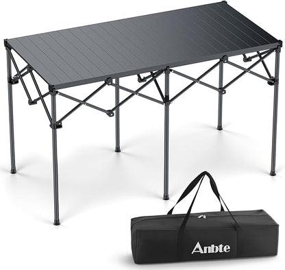 Anbte Heavy-Duty Camping Table, 48” x 23.6” Large Roll Up Camping Table for 6-8 People Support 264lbs with Carry Bag, Waterproof, Portable, for Backyard BBQ Tailgating Picnic Party Indoor, Black
