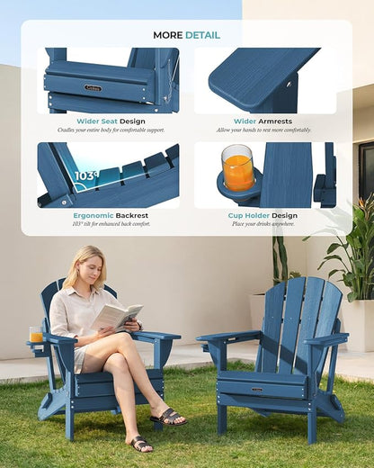 Ciokea Folding Adirondack Chair 4 Pack, Patio Adirondack Chair Weather Resistant, Plastic Fire Pit Chair with Cup Holder, Lawn Chair for Outdoor Porch Garden Backyard Deck (Royal Blue)