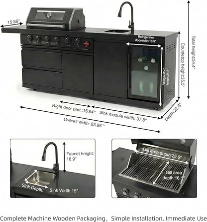 Casaphoria 84" Outdoor Kitchen Grill Island with Refrigerator and Sink, Professional Stainless Steel BBQ with 6-Burner 75300 BTU Propane & Natural Gas, Granite Countertop, Rapid Setup, Black