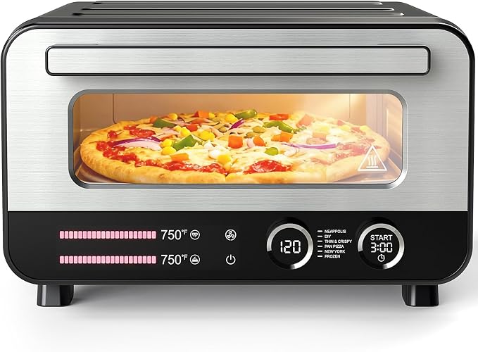 DUMOS Pizza Oven Indoor, 1600W Electric Pizza Maker Fast Heating, 6 Presets for 12 Inches Pizzas, with Stone & Spatula, Upper-Bottom Independent Heating Temperature Control