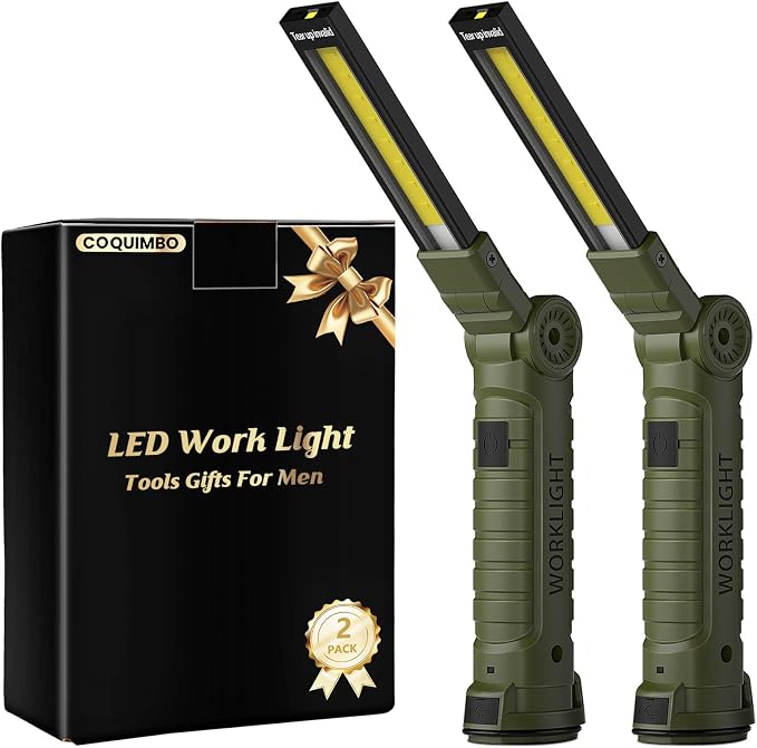 Coquimbo Tool Gifts for Men Him, Rechargeable LED Work Light, 2 Pack Green | Grill Light, Flashlight, Magnetic Base and Hook, 5 Modes 360° Rotate, Mechanic Light, Dad Husband Mens Birthday Gifts