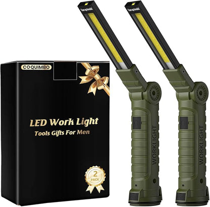 Coquimbo Tool Gifts for Men Him, Rechargeable LED Work Light, 2 Pack Green | Grill Light, Flashlight, Magnetic Base and Hook, 5 Modes 360° Rotate, Mechanic Light, Dad Husband Mens Birthday Gifts
