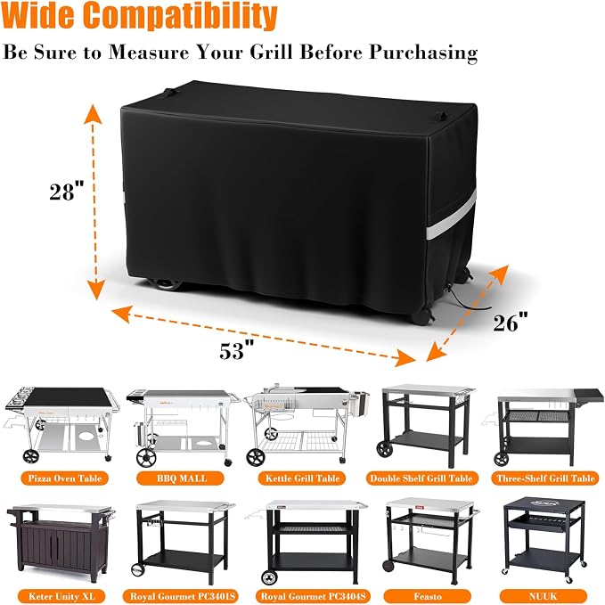 Prep Table Cover, Outdoor Dining Cart Cover, Pizza Oven Cart Covers, 53 Inch Waterproof Grill Cart Table Cover for Keter Unity XL, Food Prep Table, 600D Oxford, Anti-UV, 53''x26''x28''