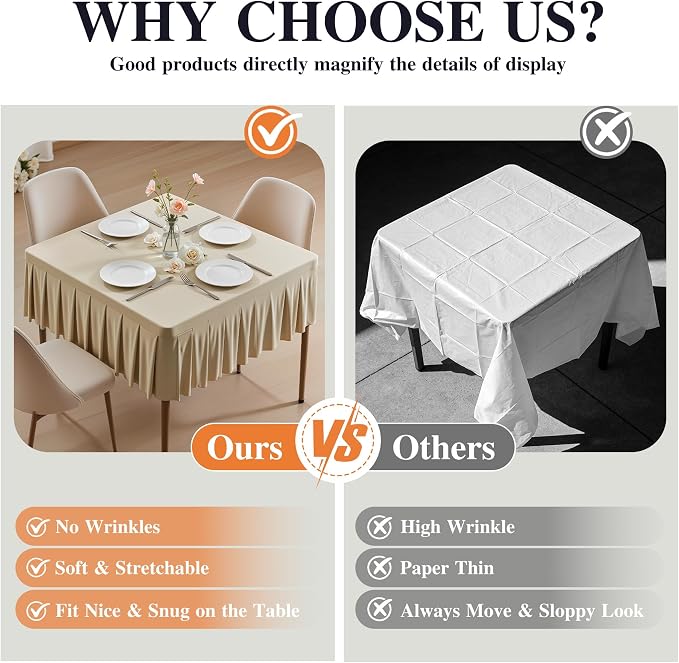 PARTISKY Natural Spandex Square Tablecloths 34x34 Inch, 2 Pack Wrinkle Free Fitted Card Table Cloth Stretch Square Table Cover for Kitchen Dinner, Holiday Party, Wedding Banquet, Display Trade Show