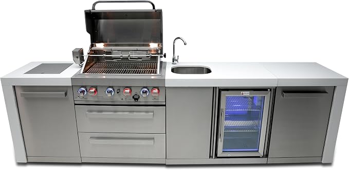 Mont Alpi Deluxe 120"W x 23"D x 46"H Stainless Steel Outdoor Kitchen Island with Refrigerator + 32"W 4-Burner BBQ Grill + Faucet and Sink + Granite Countertops + Storage Cabinets + Rotisserie + Cover