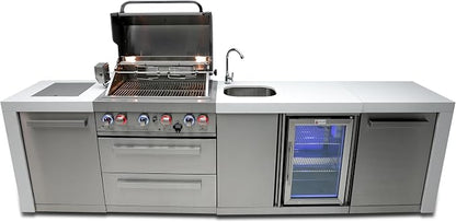 Mont Alpi Deluxe 120"W x 23"D x 46"H Stainless Steel Outdoor Kitchen Island with Refrigerator + 32"W 4-Burner BBQ Grill + Faucet and Sink + Granite Countertops + Storage Cabinets + Rotisserie + Cover