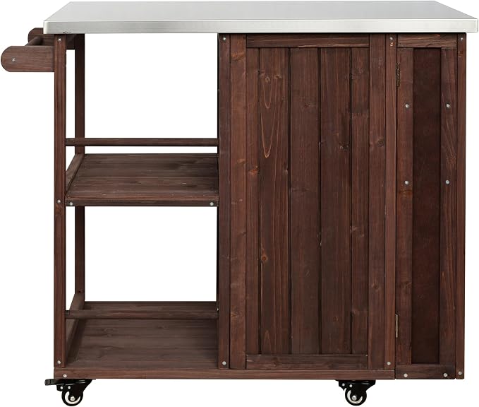 JIVOIT Outdoor Kitchen Island with Stainless Steel Worktop, Fir Wood Prep Station Lockable Kitchen Cart with Ample Storage Space, Towel and Spice Racks for Patio and Outdoor (Dark Brown/122)
