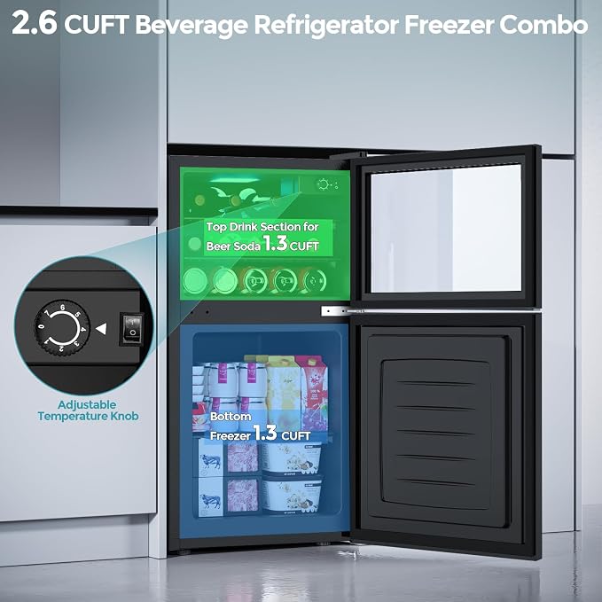 COWSAR 2.6 Cu.Ft Beverage Refrigerator & Mini Fridge with Freezer - Glass Door, Reversible Design, Adjustable Thermostat for Dorm, Office, Bedroom