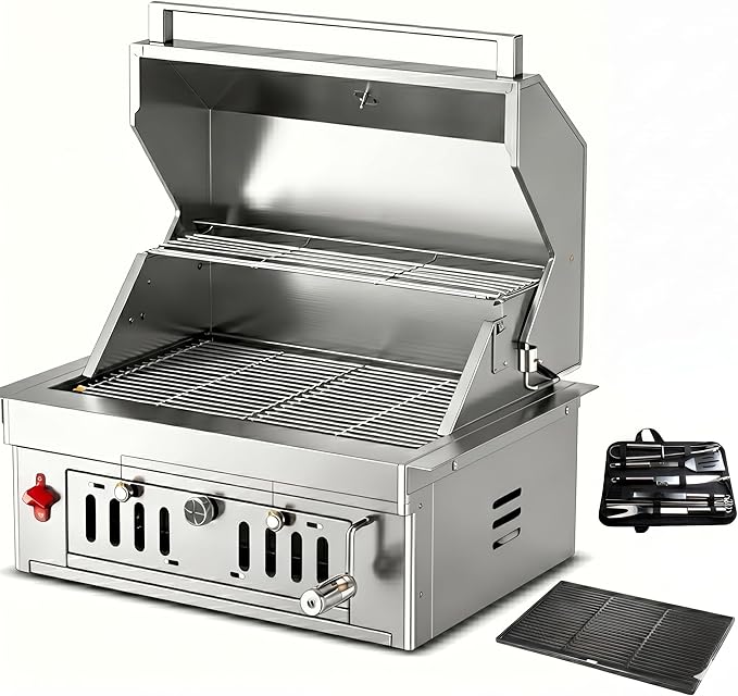 27-IN Premium 304 Stainless Steel Built-in Charcoal Grill with Adjustable Tray, Large Front Access Door, Side Vents,and Includes Griddle Plate and Accessory Set,Ideal for Outdoor Family BBQ