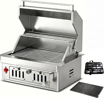 27-IN Premium 304 Stainless Steel Built-in Charcoal Grill with Adjustable Tray, Large Front Access Door, Side Vents,and Includes Griddle Plate and Accessory Set,Ideal for Outdoor Family BBQ