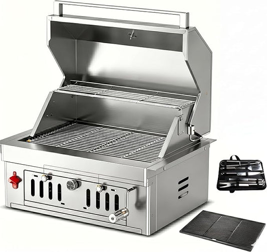 27-IN Premium 304 Stainless Steel Built-in Charcoal Grill with Adjustable Tray, Large Front Access Door, Side Vents,and Includes Griddle Plate and Accessory Set,Ideal for Outdoor Family BBQ