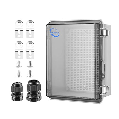 RTHIEAI Waterproof Outdoor IP67 Junction Box (8.7"x6.7"x4.3") with Mounting Plate, Hinged Clear Cover and Wall Brackets - Weatherproof ABS Plastic Electrical Enclosure for DIY Projects (220x170x110mm)