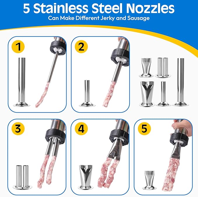 Professional Jerky Gun Kit – Stainless Steel Beef Meat Maker Machine with 5 Nozzles, 1 Meat Pusher, 5 Cleaning Brushes (2 Sets), Sausage Shooter Accessories & Bonus Pair of Gloves
