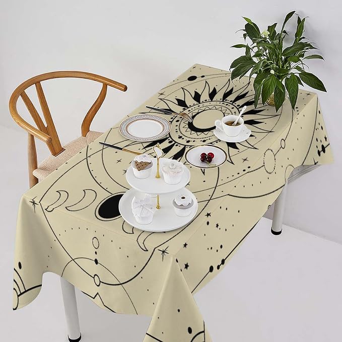 Vintage Tarot Moon Sun Tablecloth Moon Phase Star Galaxy Space Esoteric Astrology Table Cloth Water Resistant Wipeable Table Cover for Farmhouse Picnic Party Holiday Kitchen Dinner Table 60"x110"