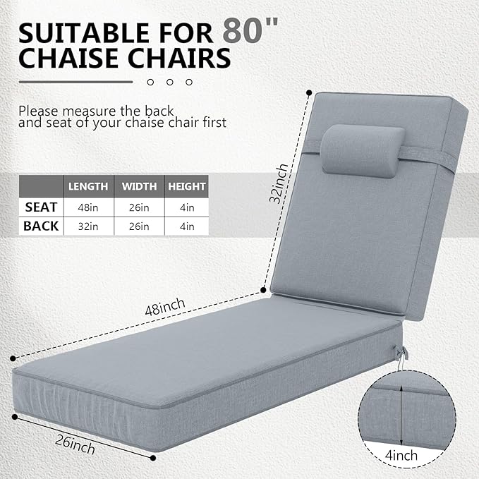 80 x 26 x 4 Inch Olefin Chaise Lounge Cushions, Lounge Chair Cushions with Headrest for Outdoor Furniture - Weather and Fade Resistant Patio Replacement Furniture Lounge Chair Cushion Set of 4