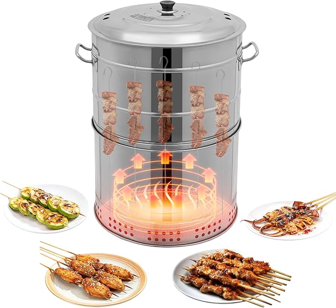 Large Portable Charcoal Grills Vertical Charcoal Smoker Barrel Grill with 50 Skewers Stainless Charcoal BBQ Grill Barrel 360° Outdoor Indoor Camping Smokeless Charcoals Barbecue Grills