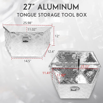 27" x 13" x 13" Trailer Tongue Tool Box with Latch and Keys Heavy Duty Aluminum Trailer Toolbox Organizer Truck Underbody Box Compatible with Pick Up Truck Bed RV Trailer ATV Silver