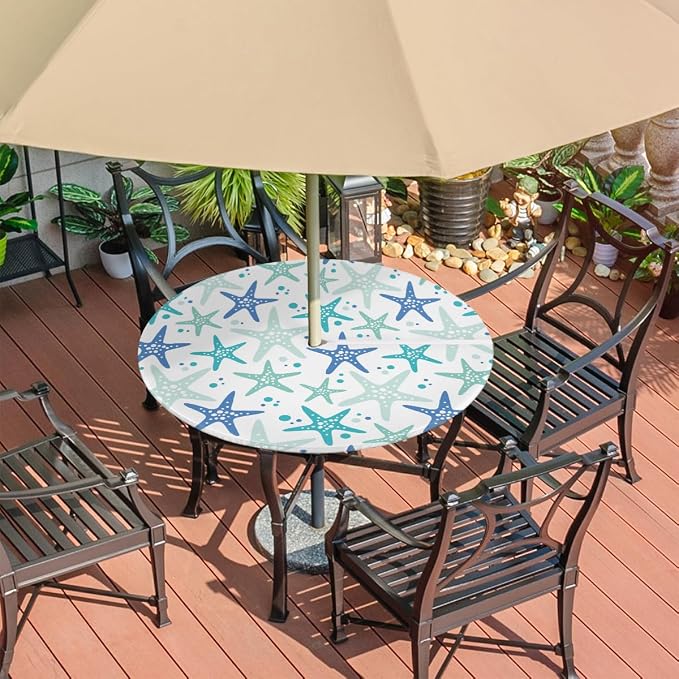 Fitted Round Tablecloth with Umbrella Hole and Zipper Starfish Outdoor Elastic Table Cloth 36"-44" Oil-Proof Waterproof Blue Starfishes Patio Table Cover for Picnic Party