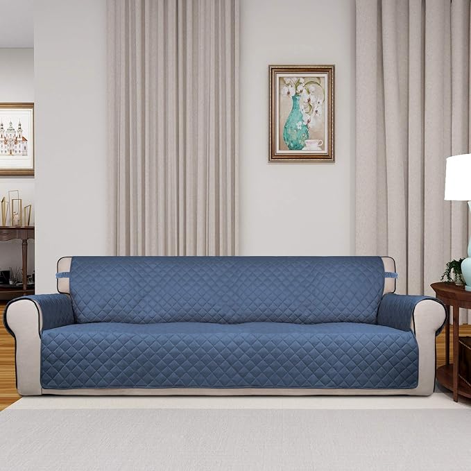 PureFit Reversible Quilted Couch Covers for Dogs Sofa Cover 4 Seater 88" | Dark Blue/Light Blue, Water Resistant Couch Protector, Washable Pet Couch Cover with Non Slip and Elastic Straps For Kids