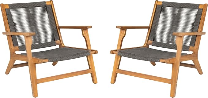 Christopher Knight Home Veera Patio Lounge Chair Set of 2, Acacia Wood Frame, Handwoven Rope, Mid-Century Modern, Dark Grey & Teak