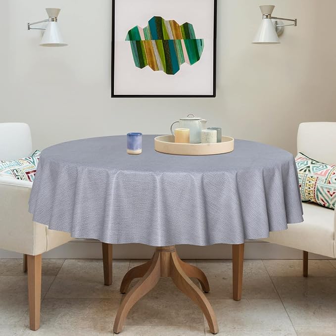 sancua 100% Waterproof Vinyl Tablecloth Table Cloth 60 Inch Round, Grey | Oil Spill Proof, PVC Material, Wipe Clean Table Cover for Dining Tables, Buffet Parties and Camping