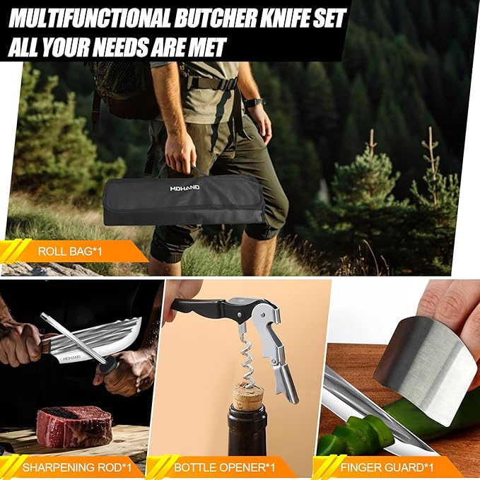 MDHAND Butcher Knife Set, 14PCS Hand Forged Serbian Chef Knife Set with Roll Bag, Heavy Duty Meat Cleaver Knives, Boning Knife, Meat Cutting Knife for Home Kitchen & Camping BBQ, Gifts for Men Women
