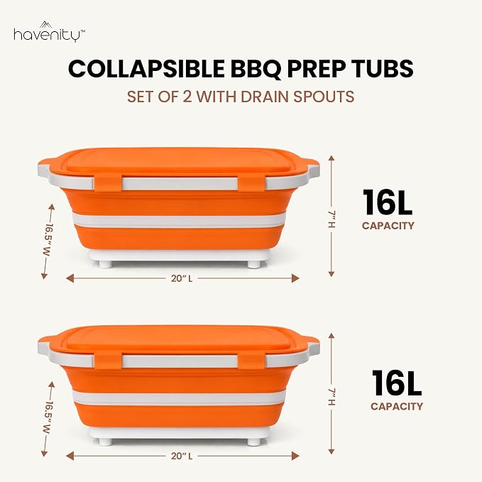 BBQ Prep Tub 2 Pack (16L+16L) - Multifunctional Collapsible Camping Cutting Board with Upgraded Locking lid, Meal Prep Meat Storage Container Perfect for Grilling, Outdoor Cooking (XL x 2)