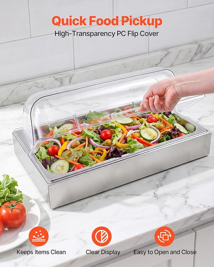 VEVOR Countertop Food Serving Display Container, 2 Tier Stainless Steel Food Salad Server Tray, Buffet Condiment Dispenser, Ice Cooled Rack with Clear Roll Top Cover, for Restaurant Hotel (1/1 Pan x2)