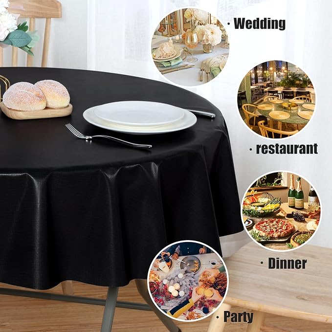 sancua 100% Waterproof Vinyl Tablecloth Table Cloth 60 Inch Round, Black | Oil Spill Proof, PVC Material, Wipe Clean Table Cover for Dining Tables, Buffet Parties and Camping