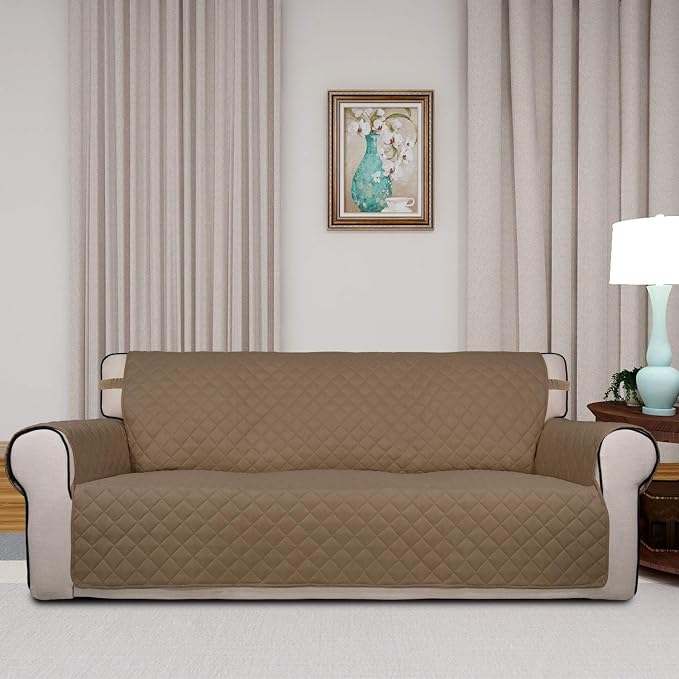 PureFit Reversible Quilted Sofa Cover, Water Resistant Slipcover Furniture Protector, Washable Couch Cover with Non Slip Foam and Elastic Straps for Kids, Dogs, Pets (X Large , Camel/Ivory) | Camel/Ivory, Water Resistant Couch Protector, Washable Pet C...