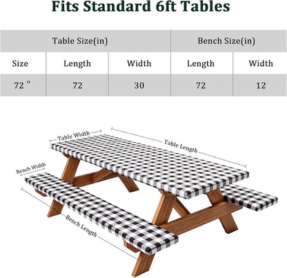 Poise3EHome Picnic Table Cover with Bench Covers, 6 Foot Fitted Elastic Tablecloth Set, Heavy Duty Polyester with TPU Waterproof Backing, Washable Outdoor Picnic Set for Camping,RV & Park(Black&White)