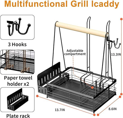 Grill Caddy, BBQ for Outdoor Grill with 2 Paper Towel Holders, Picnic BBQ Condiment Utensil Organizer Caddy for Outdoor Cooking, Rv, Camping Essential, Camper Must Haves,Gifts for Men