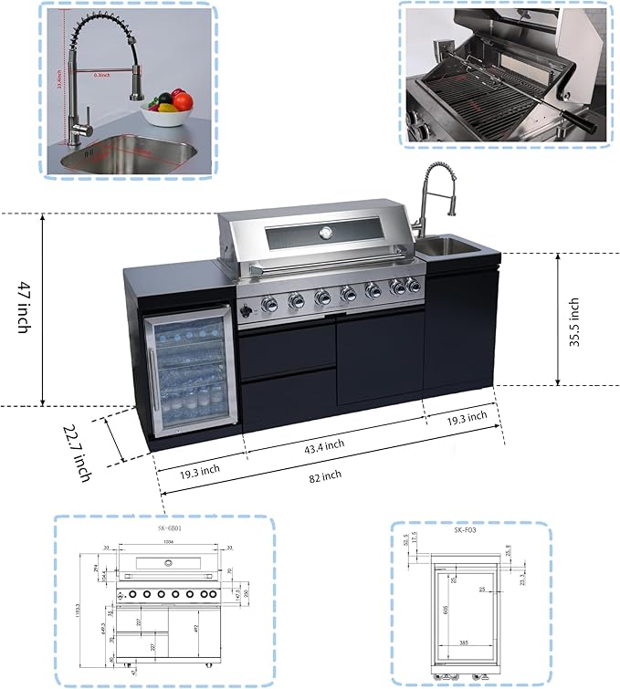 82-Inch 6-Burner Propane Gas Outdoor Kitchen Grill Island - 85000 BTU Stainless Steel BBQ, Refrigerator, Rotisserie, Stainless Countertops, Storage Cabinets/Drawers, For Patio, Lawn, Backyard, Black