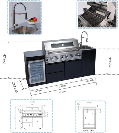 82" 6-Burner 85000 BTU Deluxe Outdoor Kitchen Island,304 Stainless Steel Modular Propane BBQ Grill Combination With Storage Cabinet, Refrigerator and Sink for Backyard (82"-Black&Sivler, Propane Gas)