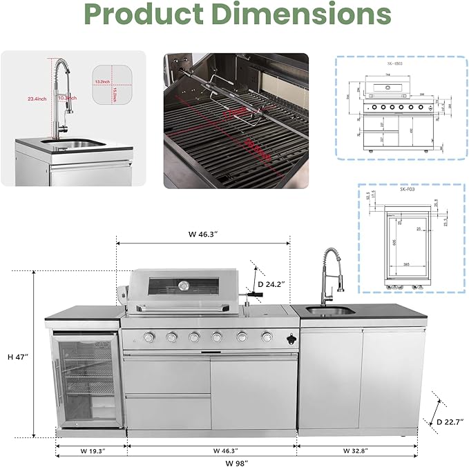 Outdoor Gas Grill Island with Refrigerator, 4 Burner 72,000 BTU BBQ Grill with Side Burner, Infrared Rotisserie, Granite Countertop, Stainless Steel Outdoor Kitchen (Silver+98in)