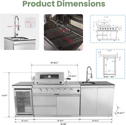 Outdoor Gas Grill Island with Refrigerator, 4 Burner 72,000 BTU BBQ Grill with Side Burner, Infrared Rotisserie, Granite Countertop, Stainless Steel Outdoor Kitchen (Silver+98in)