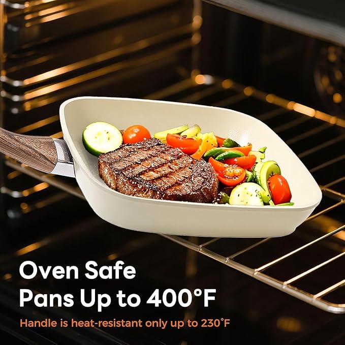 3-Piece Nonstick Grill Pan Set, Square Griddle Pans with Wooden Handle, Compatible with All Stovetops, Ideal for Steak, BBQ & Vegetables, 9.5", 10.2", 11", White