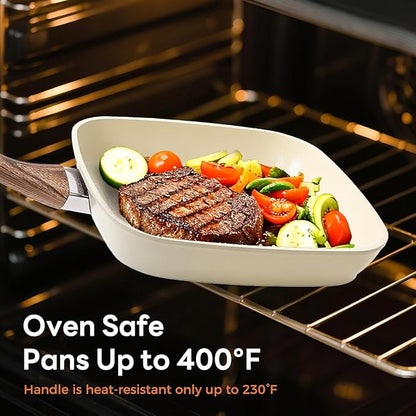 3-Piece Nonstick Grill Pan Set, Square Griddle Pans with Wooden Handle, Compatible with All Stovetops, Ideal for Steak, BBQ & Vegetables, 9.5", 10.2", 11", White