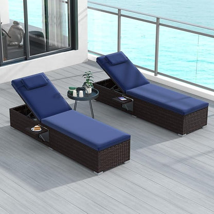 Tangkula Patio Chaise Lounge, Outdoor Rattan Lounge Chair w/ 6-Level Backrest, Comfy Seat Cushion & Headrest, Sturdy Metal Frame, Outside Reclining Chair for Backyard, Poolside (1, Navy)