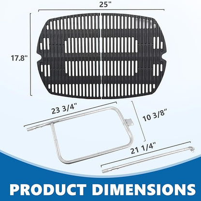SafBbcue 7584 25" Cast Iron Cooking Grates & 65032 23.75" Grill Burner for Wber Q300 320 3000 3200 57060001 586002 Grills, Baby Q Grill Grids & Grates and Grill Burner Tube Kit for Weber 7646 & 65032
