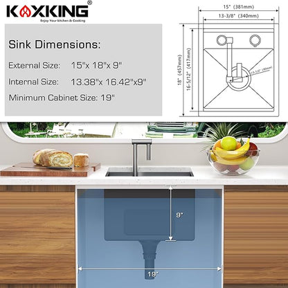 Outdoor Kitchen Sink 15x18 Inch with Foldable Faucet, Nano Silver 16 Gauge Stainless Steel Undermount Workstation Sink with Cutting Board Cover, Bottom Grid & Drain Kit