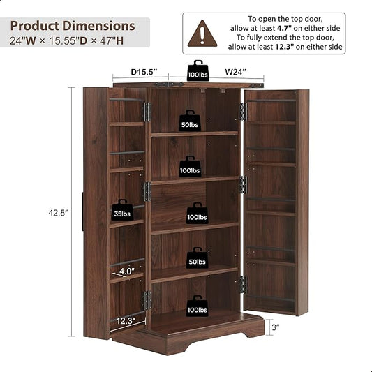 ACCOHOHO 47" Kitchen Pantry, Farmhouse Storage Cabinet with Barn Doors, Organizer and Adjustable Shelves, Rustic Wood Cupboard for Kitchen, Dining Room, Bathroom and Hallway, Brown