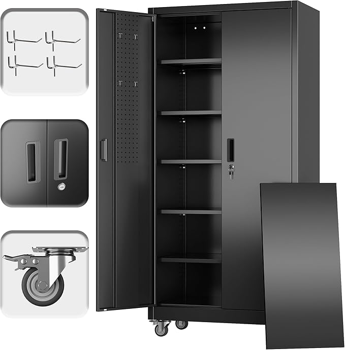 Aobabo Upgrade 71H''*32''W*16''D Metal Garage Storage Cabinet with Wheels and Pegboards, 5 Adjustable Shelves Steel Storage Cabinets for Garage,Warehouse, Black, Assembly Required